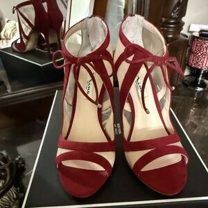 Nina Red Suede Strappy Lace-Up High Heels